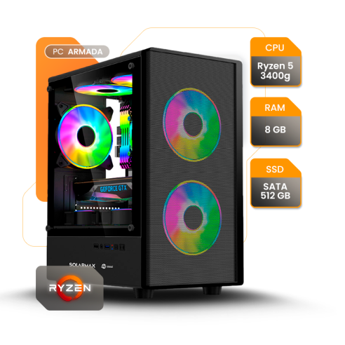 PC GAMER AMD RYZEN 5 3400G 8GB SSD 480GB A520 600W GAB SOLARMAX CM-B6201