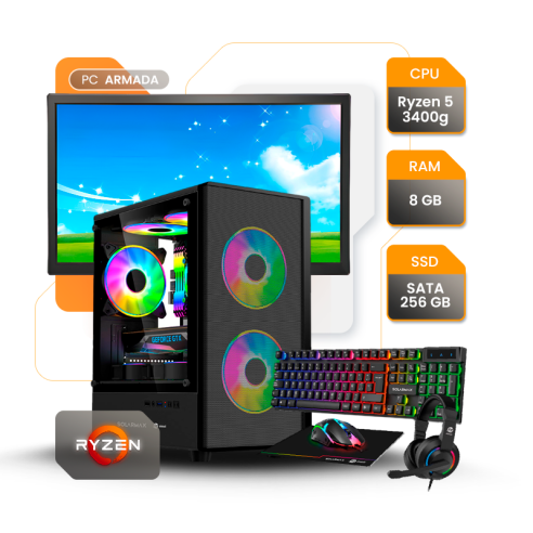 PC GAMER AMD RYZEN 5 3400G 8GB SSD 240GB A520 600W GAB SOLARMAX CM-B6202 + MONITOR 19" Y TEC, MOU, AURI Y PAD GAMER