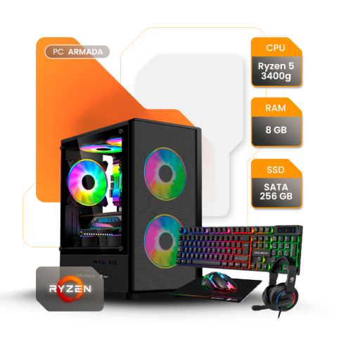 PC GAMER AMD RYZEN 5 3400G 8GB SSD 240GB A520 600W GAB SOLARMAX CM-B6202 + TEC, MOU, AURI Y PAD GAMER