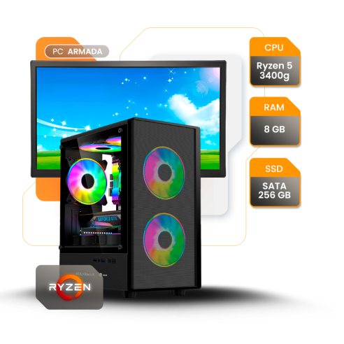 PC GAMER AMD RYZEN 5 3400G 8GB SSD 240GB A520 600W GAB SOLARMAX CM-B6202 + MONITOR 19"