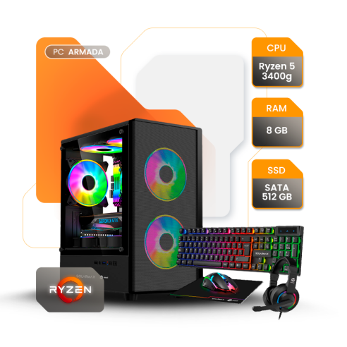PC GAMER AMD RYZEN 5 3400G 8GB SSD 480GB A520 600W GAB SOLARMAX CM-B6201 + TEC, MOU, AURI Y PAD GAMER